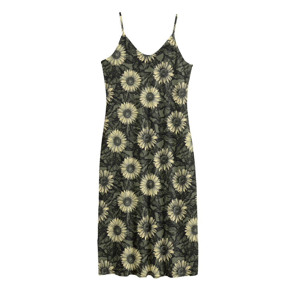 Dark Sunflower Pattern Print Jersey Midi Cami Dress