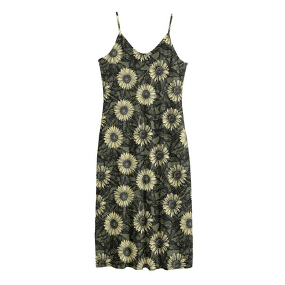 Dark Sunflower Pattern Print Jersey Midi Cami Dress
