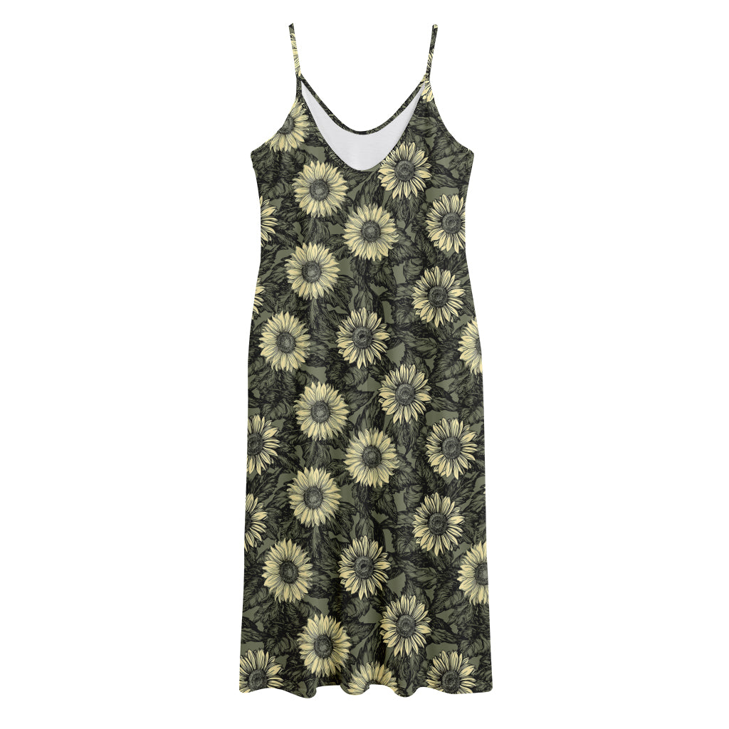 Dark Sunflower Pattern Print Jersey Midi Cami Dress