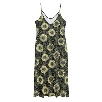 Dark Sunflower Pattern Print Jersey Midi Cami Dress