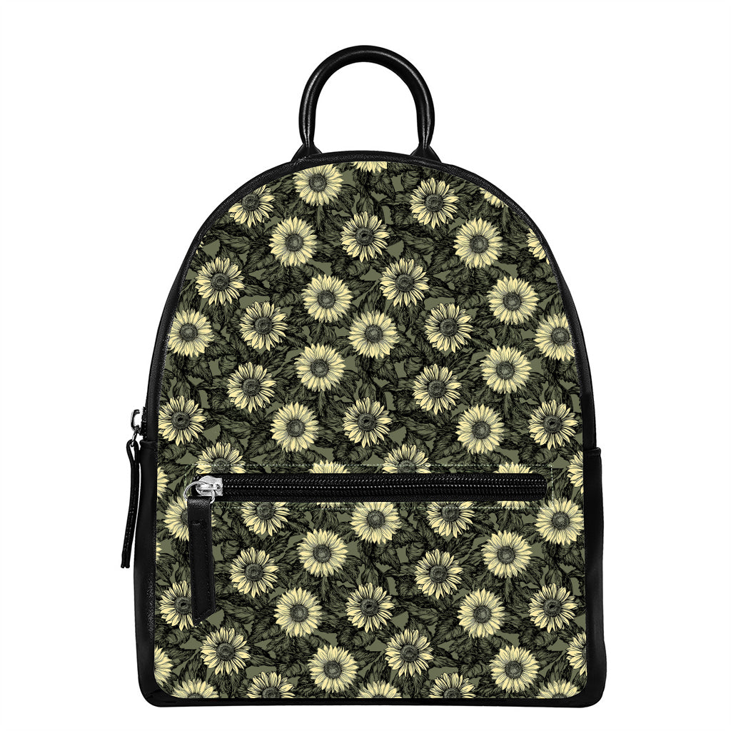 Dark Sunflower Pattern Print Leather Backpack