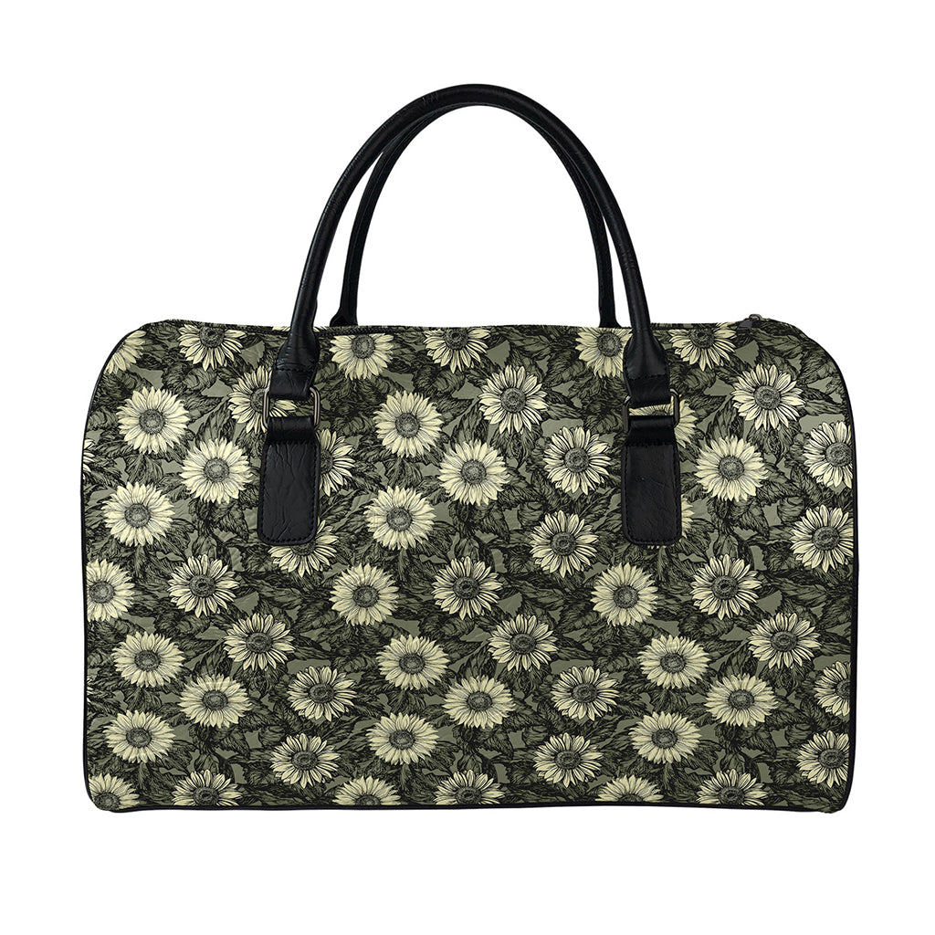 Dark Sunflower Pattern Print Leather Duffle Bag