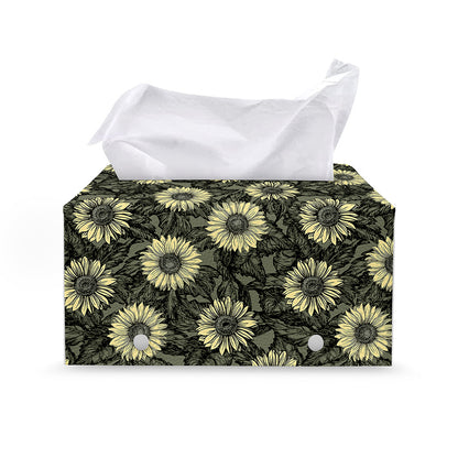 Dark Sunflower Pattern Print Leather Tissue Box Cover