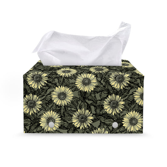 Dark Sunflower Pattern Print Leather Tissue Box Cover