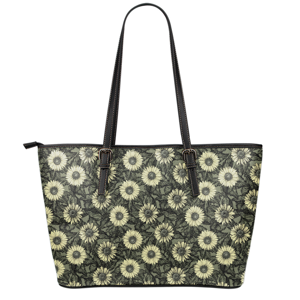 Dark Sunflower Pattern Print Leather Tote Bag