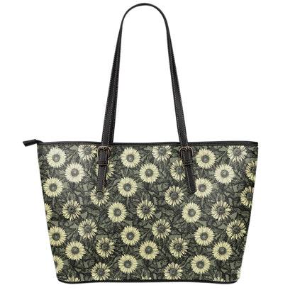 Dark Sunflower Pattern Print Leather Tote Bag