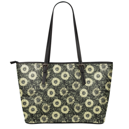 Dark Sunflower Pattern Print Leather Tote Bag