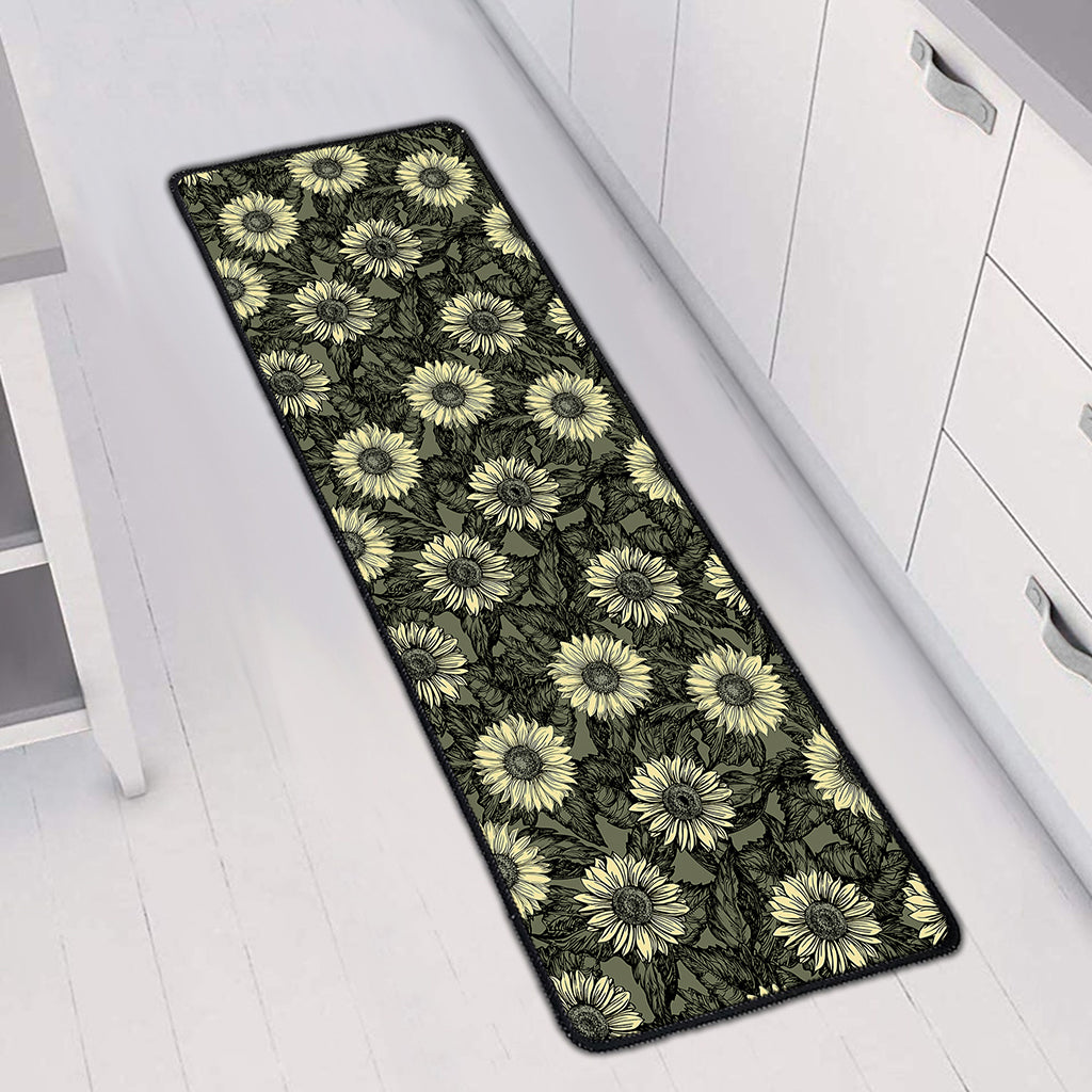 Dark Sunflower Pattern Print Long Kitchen Mat