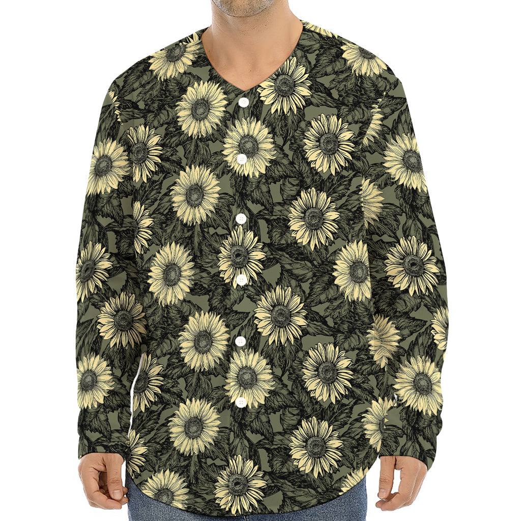 Dark Sunflower Pattern Print Long Sleeve Baseball Jersey