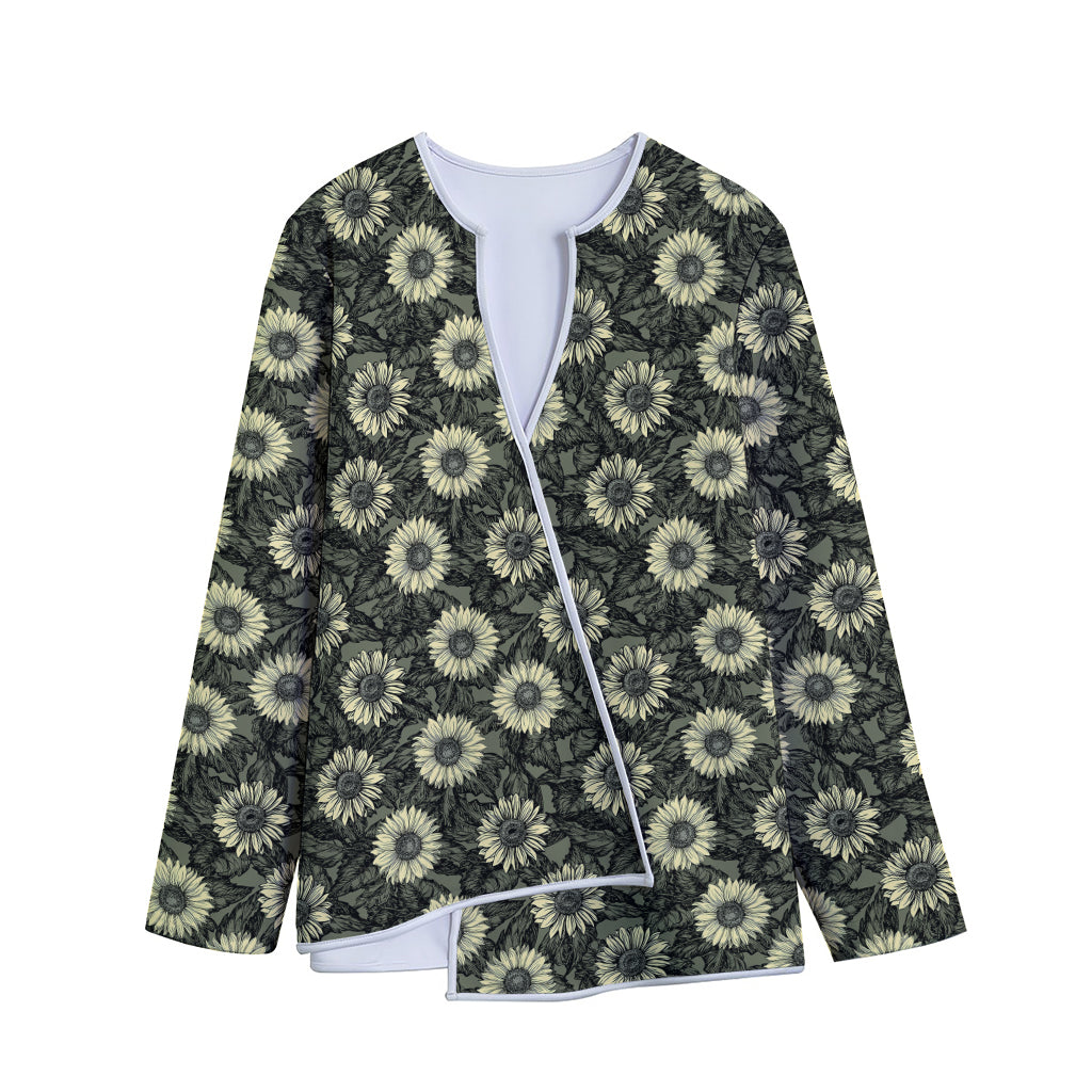 Dark Sunflower Pattern Print Long Sleeve Short Coat