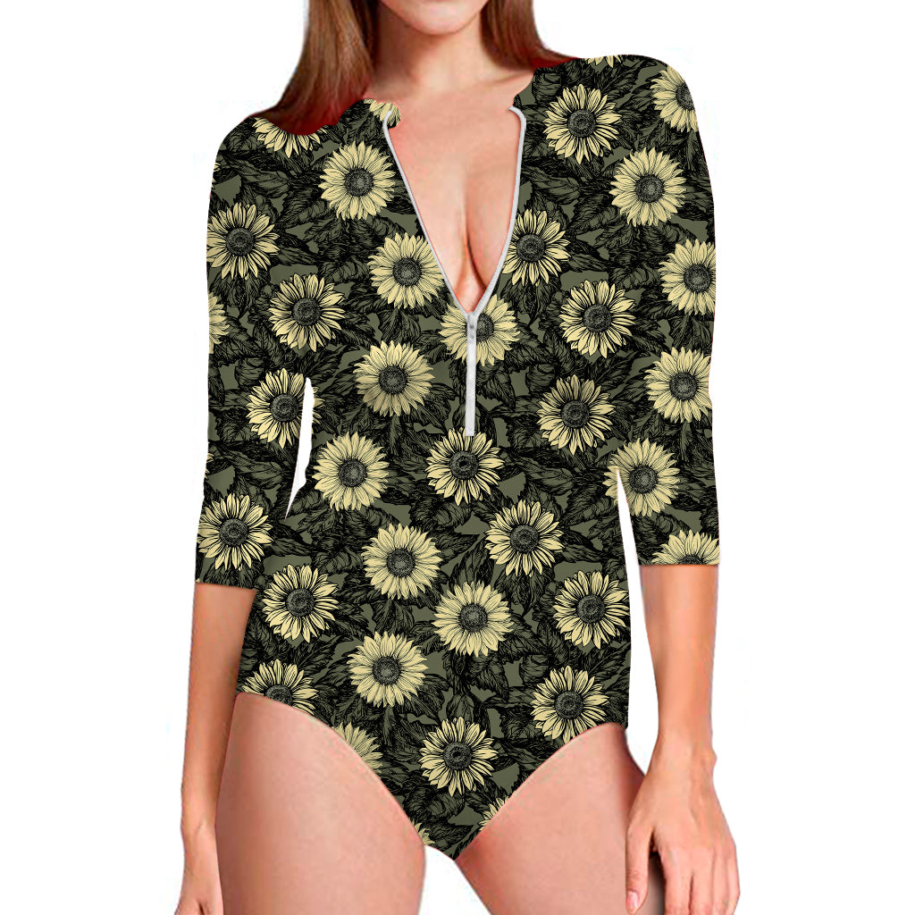Dark Sunflower Pattern Print Long Sleeve Swimsuit