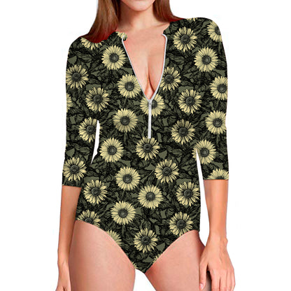 Dark Sunflower Pattern Print Long Sleeve Swimsuit