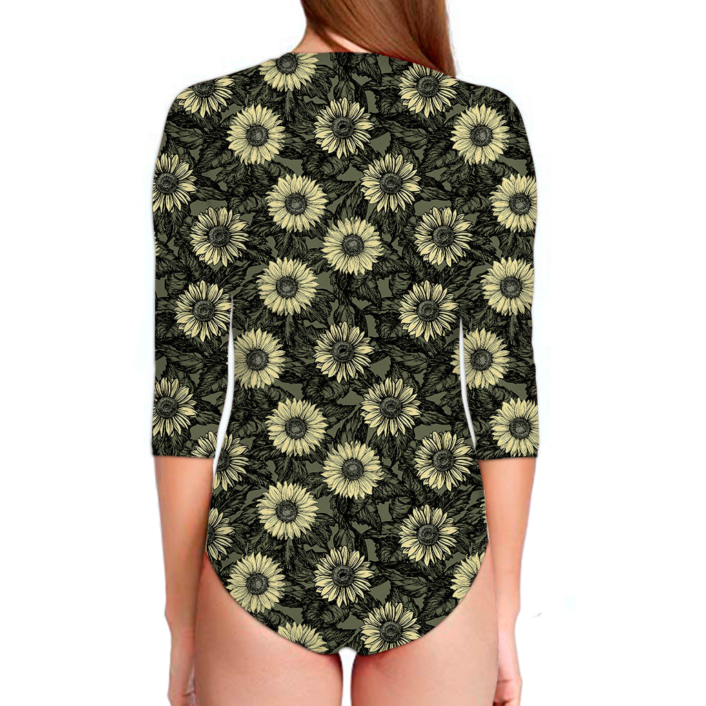 Dark Sunflower Pattern Print Long Sleeve Swimsuit