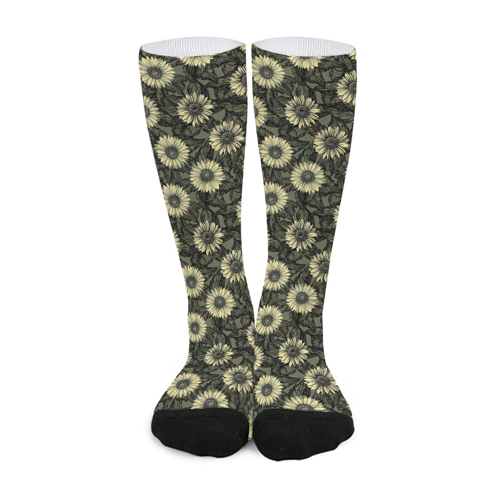 Dark Sunflower Pattern Print Long Socks