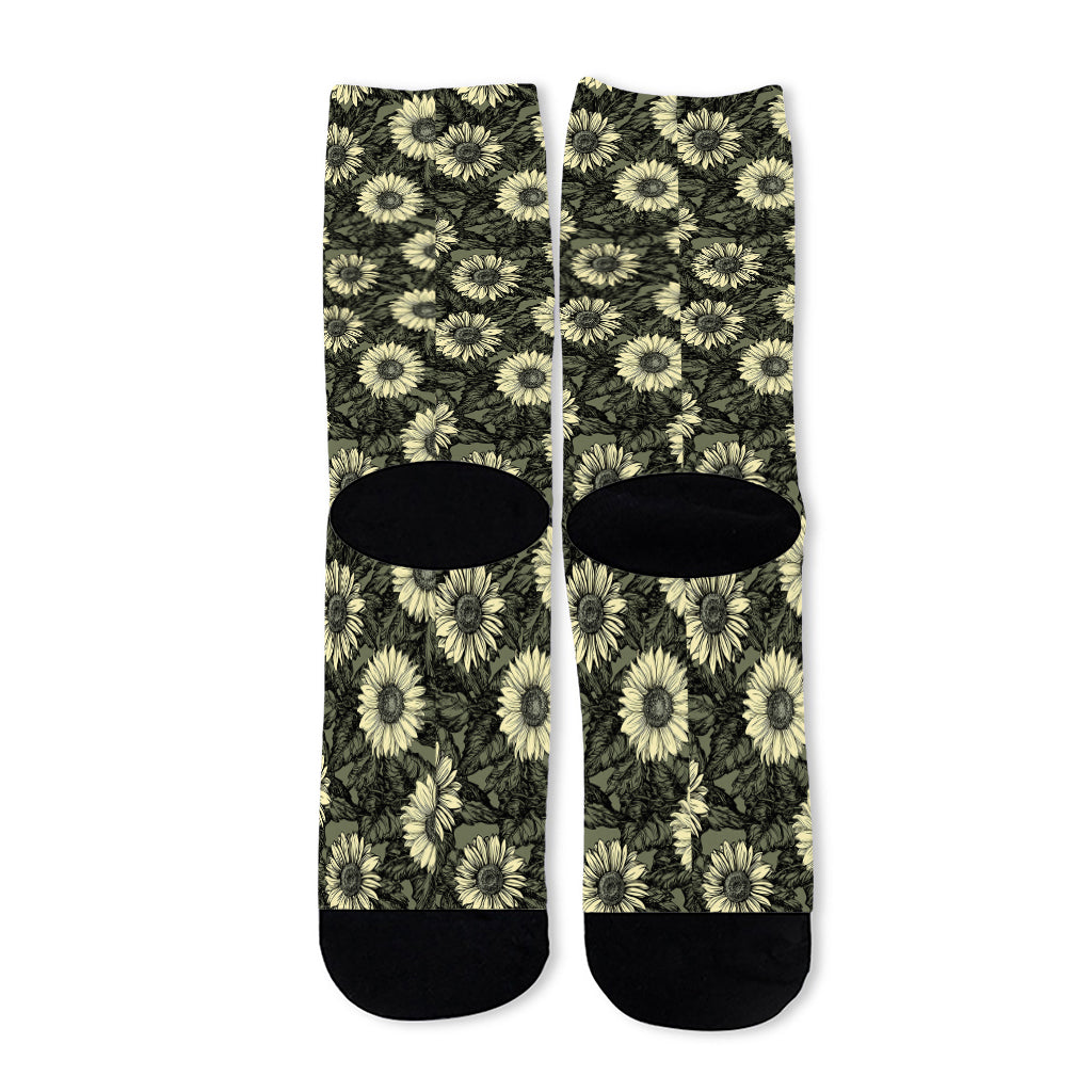 Dark Sunflower Pattern Print Long Socks