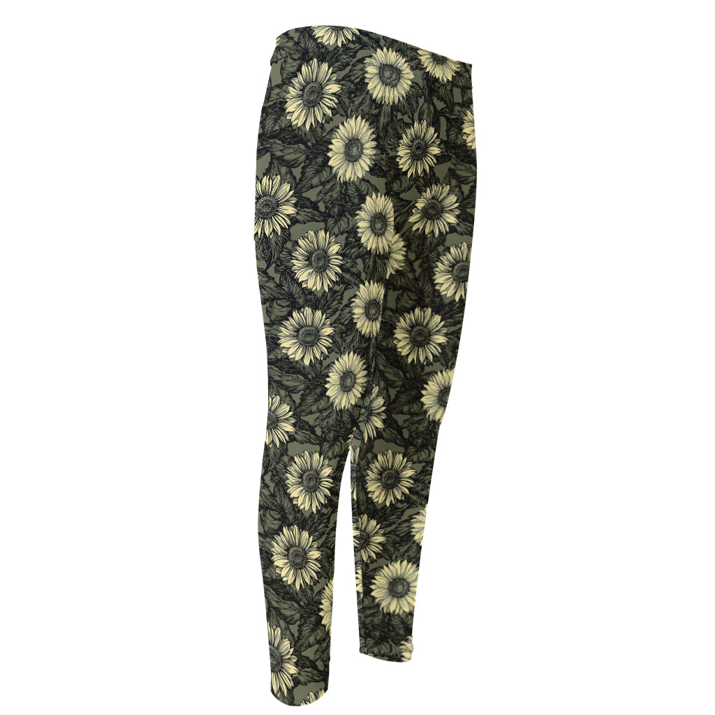 Dark Sunflower Pattern Print Men's Compression Pants