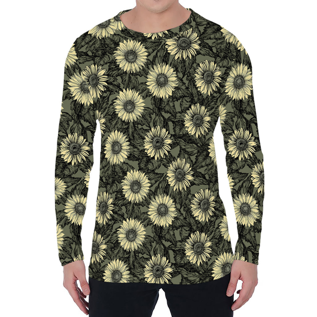 Dark Sunflower Pattern Print Men's Long Sleeve T-Shirt