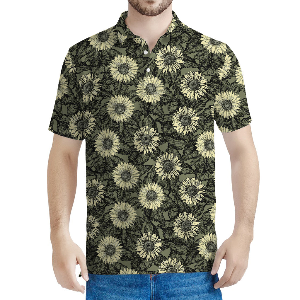 Dark Sunflower Pattern Print Men's Polo Shirt
