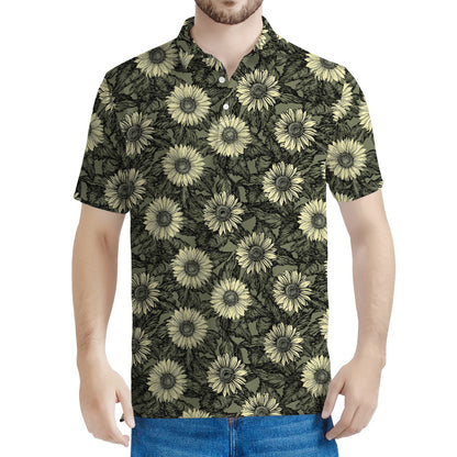 Dark Sunflower Pattern Print Men's Polo Shirt