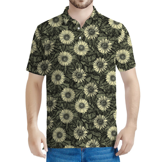 Dark Sunflower Pattern Print Men's Polo Shirt