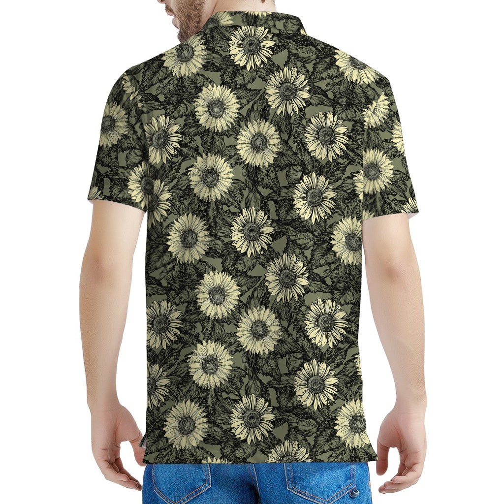 Dark Sunflower Pattern Print Men's Polo Shirt