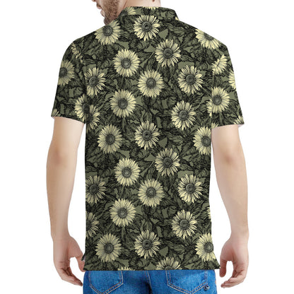 Dark Sunflower Pattern Print Men's Polo Shirt