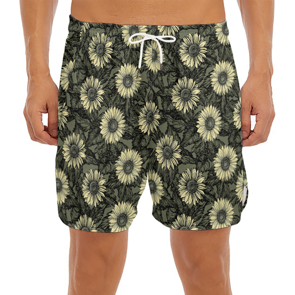 Dark Sunflower Pattern Print Men's Split Running Shorts
