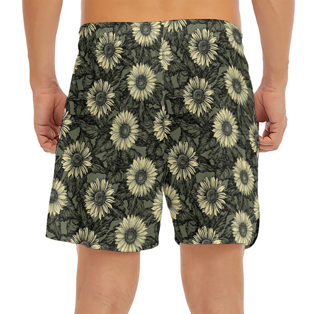 Dark Sunflower Pattern Print Men's Split Running Shorts