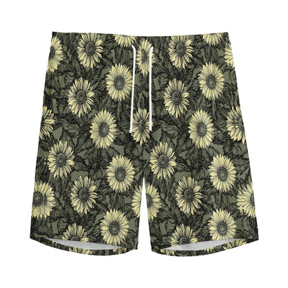Dark Sunflower Pattern Print Men's Sports Shorts