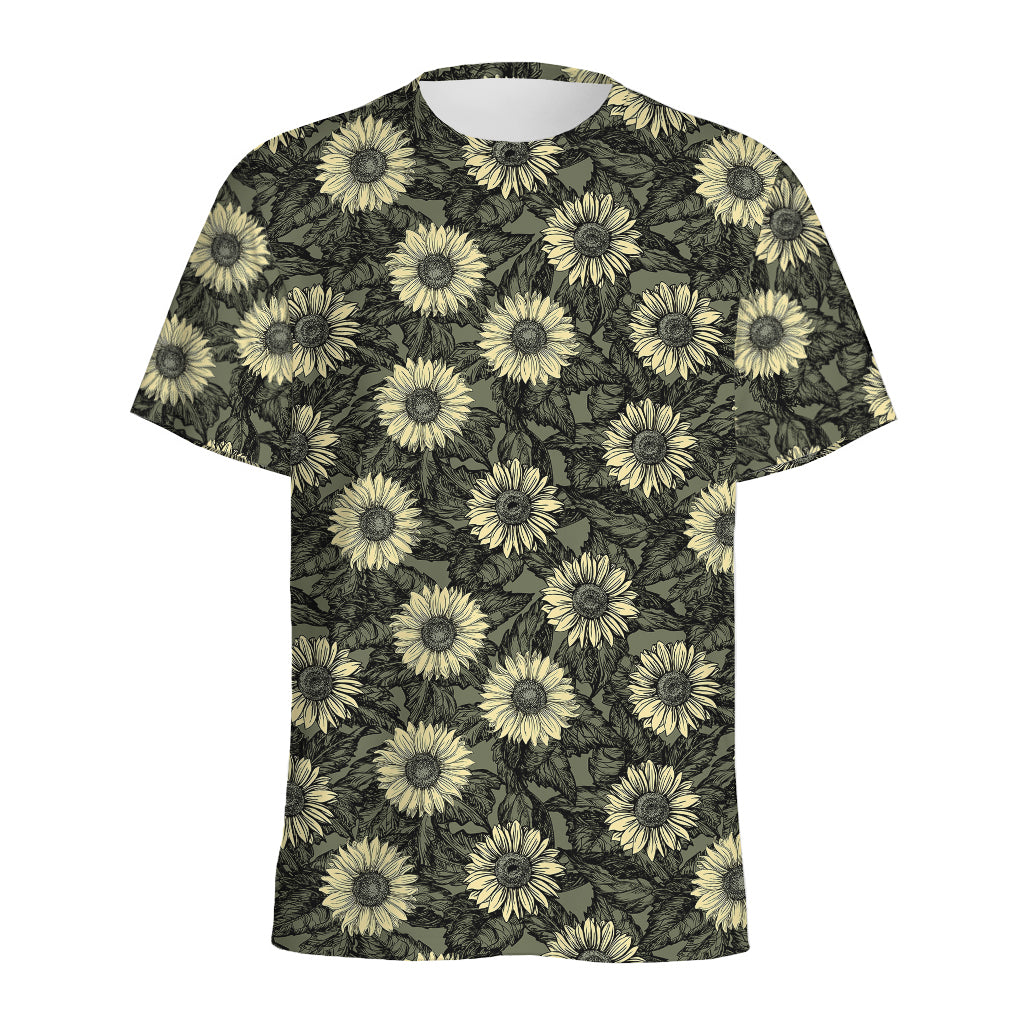 Dark Sunflower Pattern Print Men's Sports T-Shirt