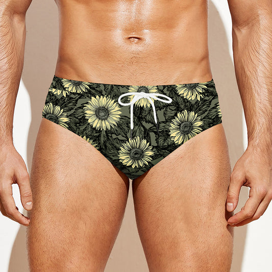 Dark Sunflower Pattern Print Men's Swim Briefs