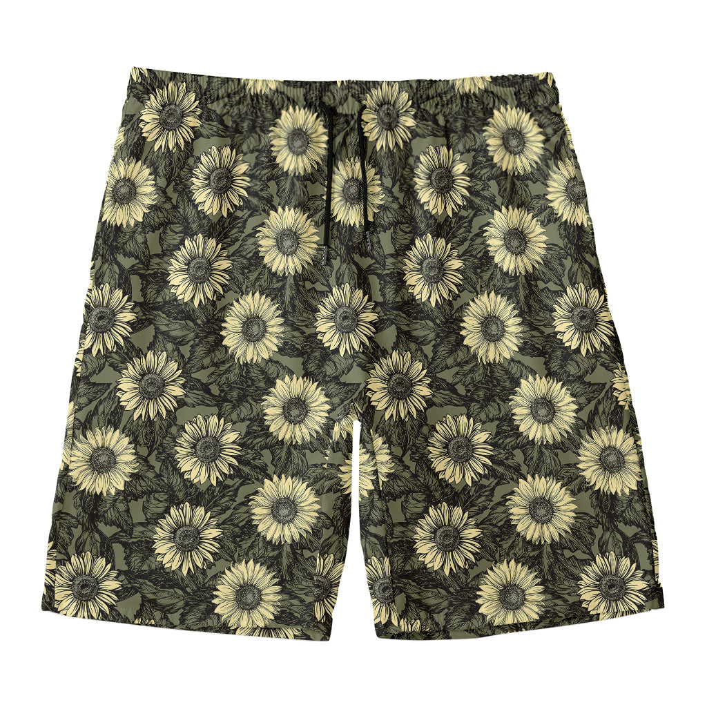 Dark Sunflower Pattern Print Men's Swim Trunks