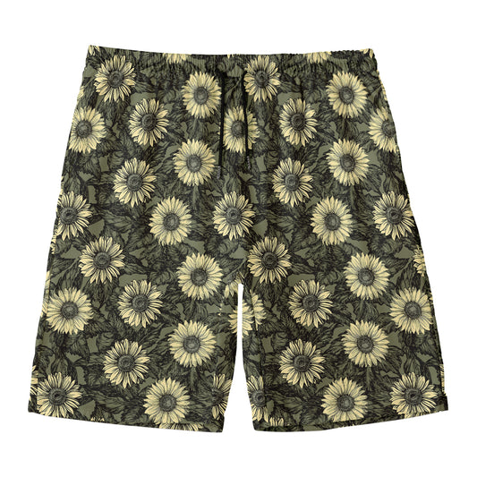 Dark Sunflower Pattern Print Men's Swim Trunks