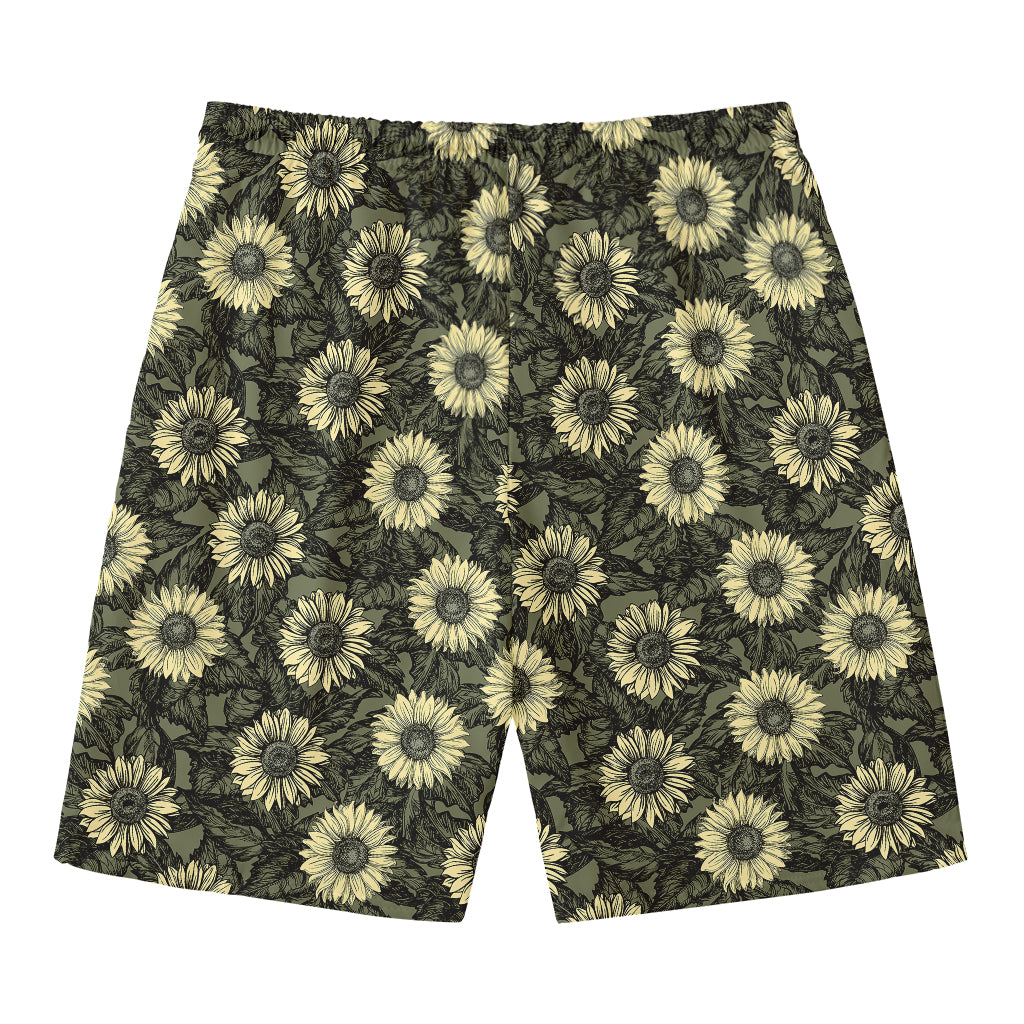 Dark Sunflower Pattern Print Men's Swim Trunks