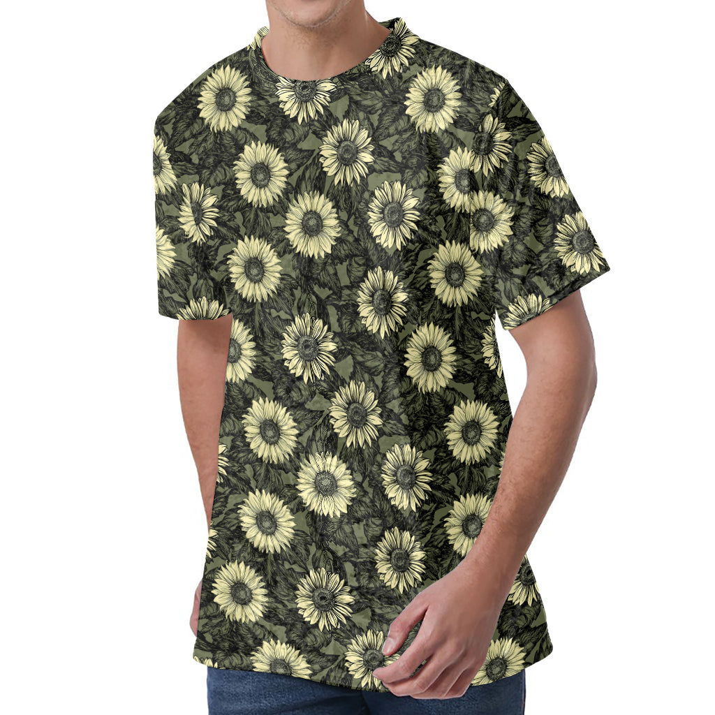 Dark Sunflower Pattern Print Men's Velvet T-Shirt