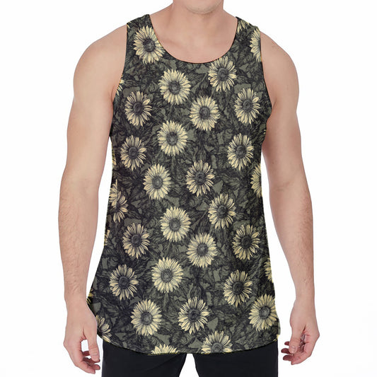 Dark Sunflower Pattern Print Men's Velvet Tank Top