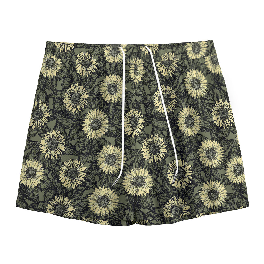 Dark Sunflower Pattern Print Mesh Shorts