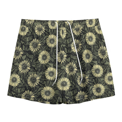 Dark Sunflower Pattern Print Mesh Shorts