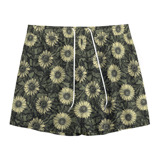 Dark Sunflower Pattern Print Mesh Shorts