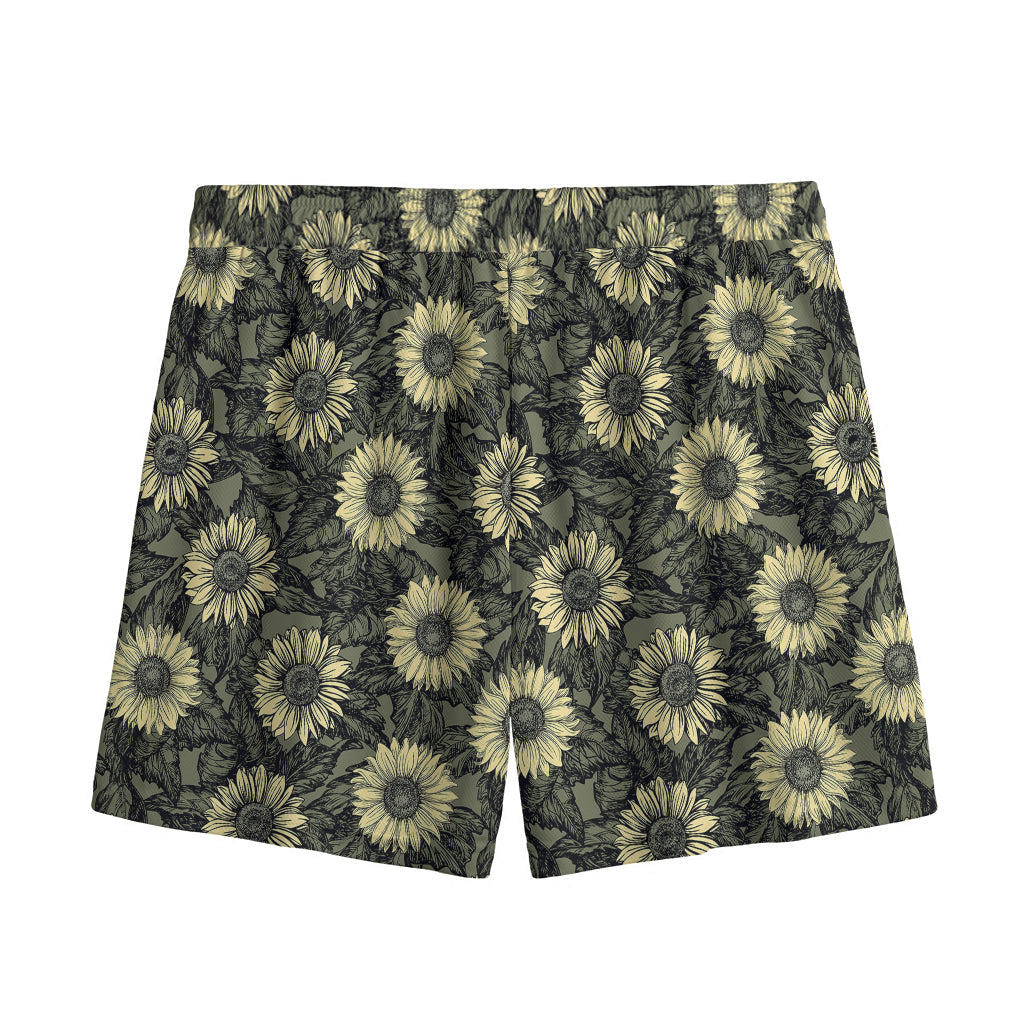 Dark Sunflower Pattern Print Mesh Shorts
