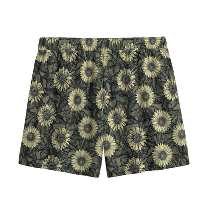 Dark Sunflower Pattern Print Mesh Shorts