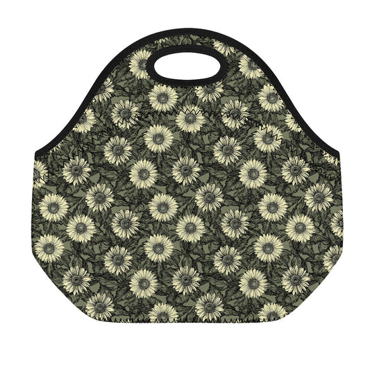 Dark Sunflower Pattern Print Neoprene Lunch Bag
