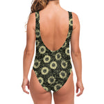 Dark Sunflower Pattern Print One Piece Swimsuit