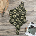 Dark Sunflower Pattern Print One Shoulder Bodysuit