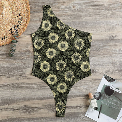 Dark Sunflower Pattern Print One Shoulder Bodysuit