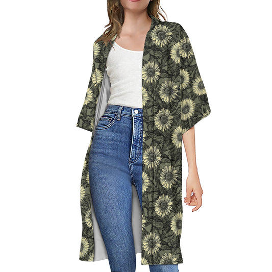Dark Sunflower Pattern Print Open Front Beach Cover Up