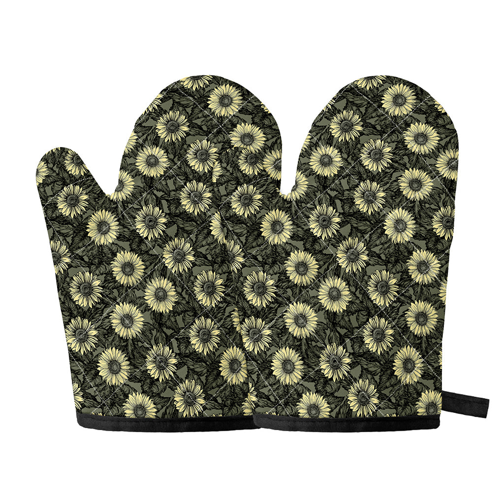 Dark Sunflower Pattern Print Oven Mitts