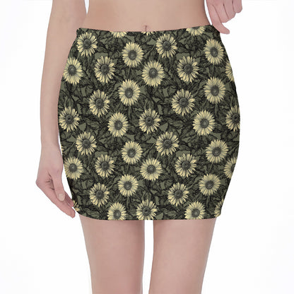 Dark Sunflower Pattern Print Pencil Mini Skirt