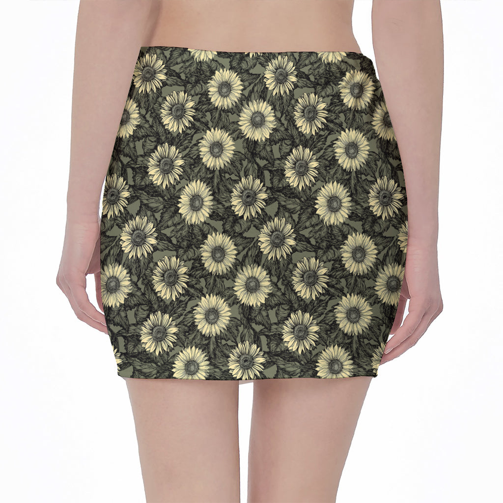 Dark Sunflower Pattern Print Pencil Mini Skirt
