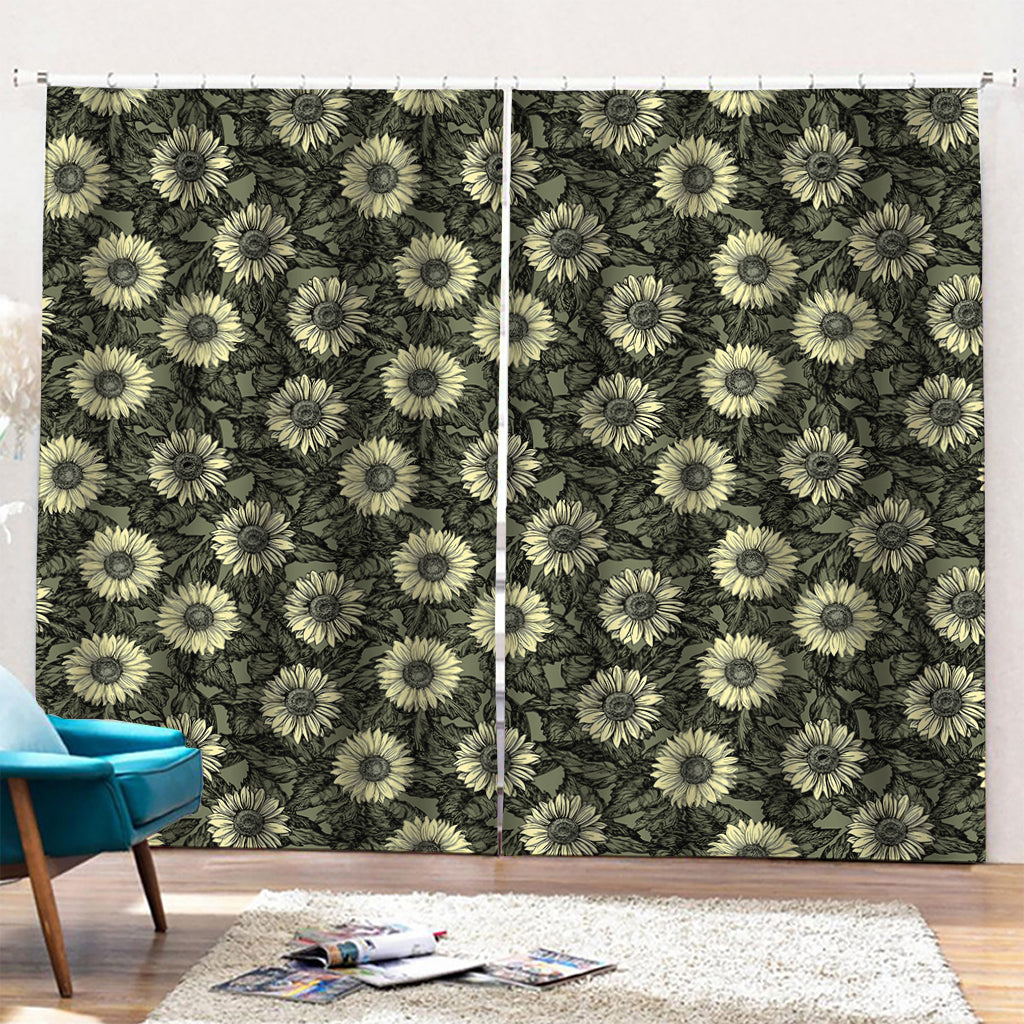 Dark Sunflower Pattern Print Pencil Pleat Curtains